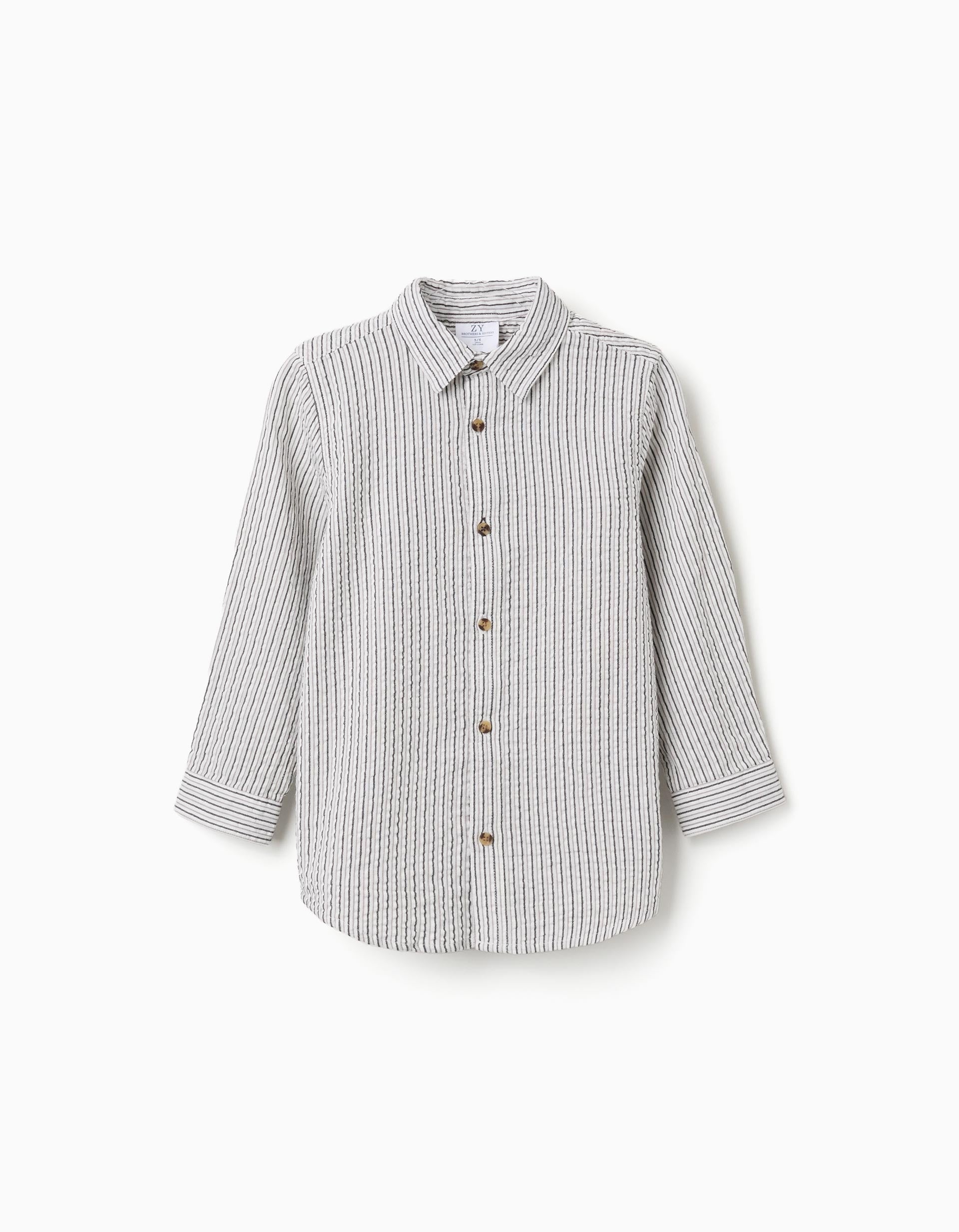Long sleeve cotton shirt with stripes B&S for boys, white/grey