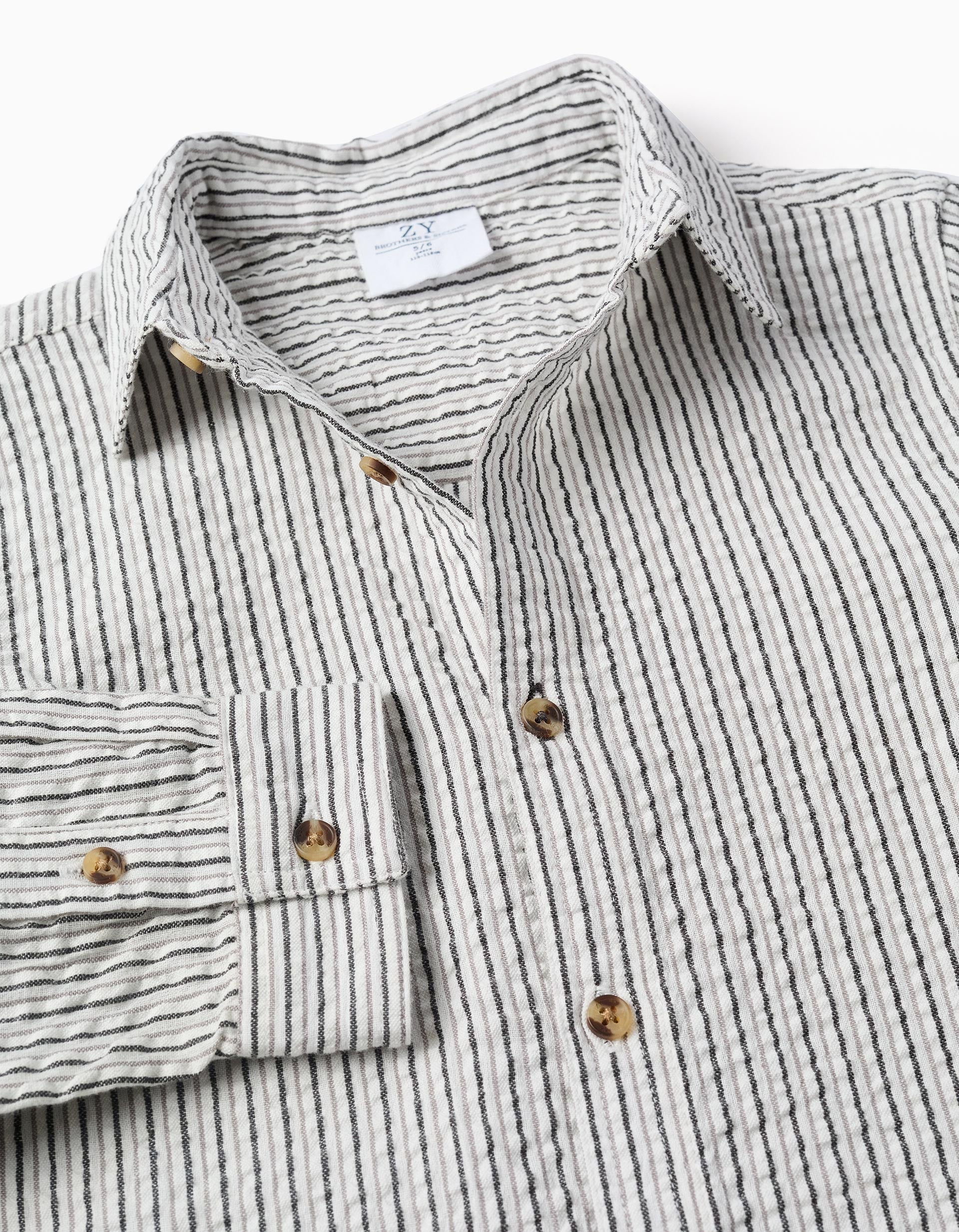 Long sleeve cotton shirt with stripes B&S for boys, white/grey