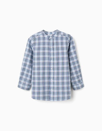 Camisa de algodão xadrez com mangas dobráveis B&S para menino, azul