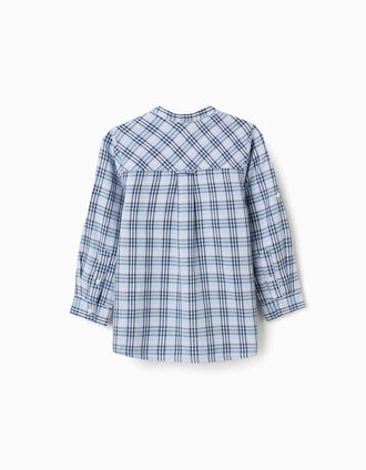 Camisa de algodão xadrez com mangas dobráveis B&S para menino, azul