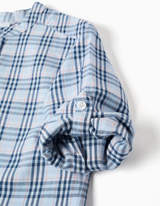 Camisa de algodão xadrez com mangas dobráveis B&S para menino, azul