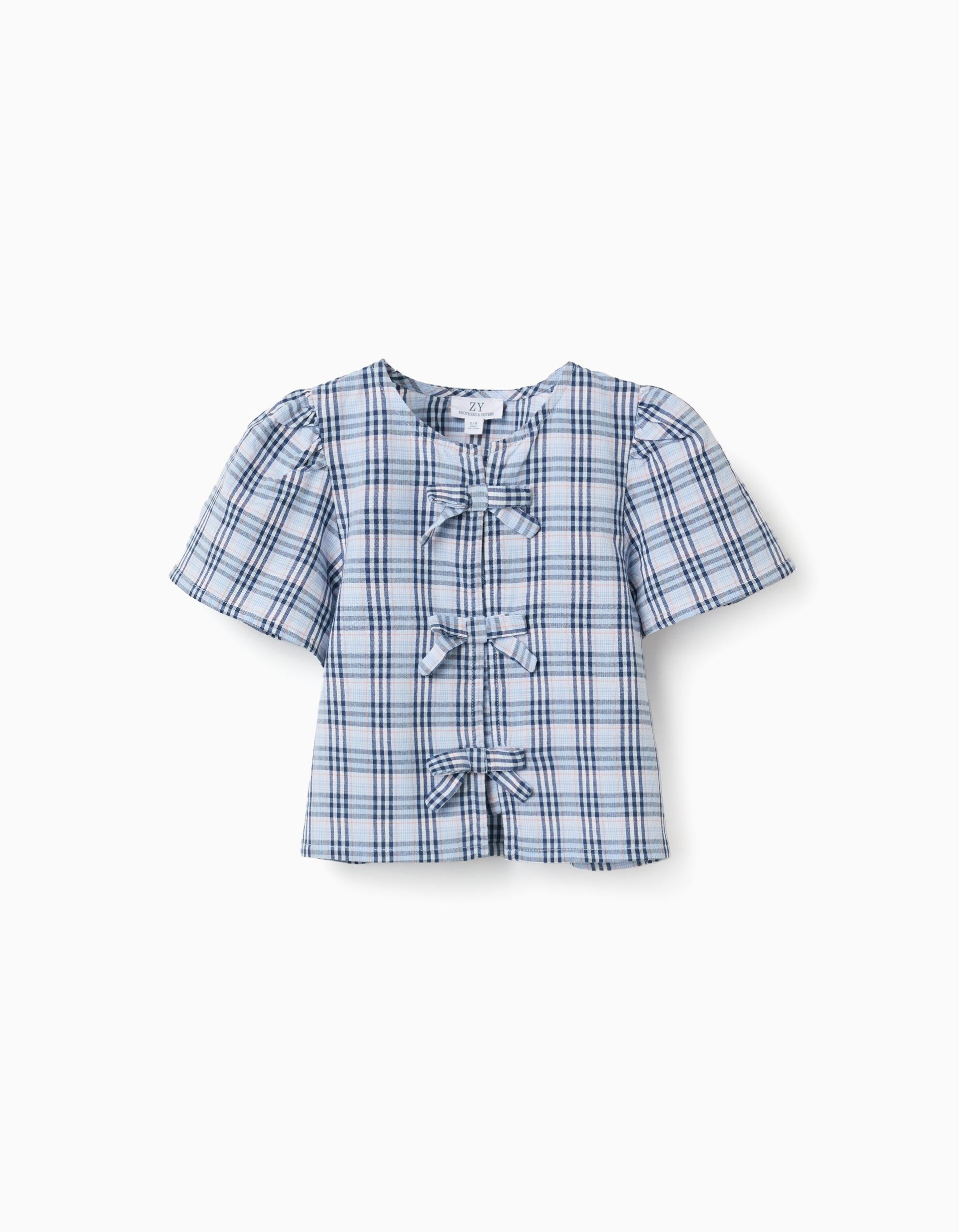Blouse en coton à carreaux et nœuds décoratifs B&S pour fille, bleu