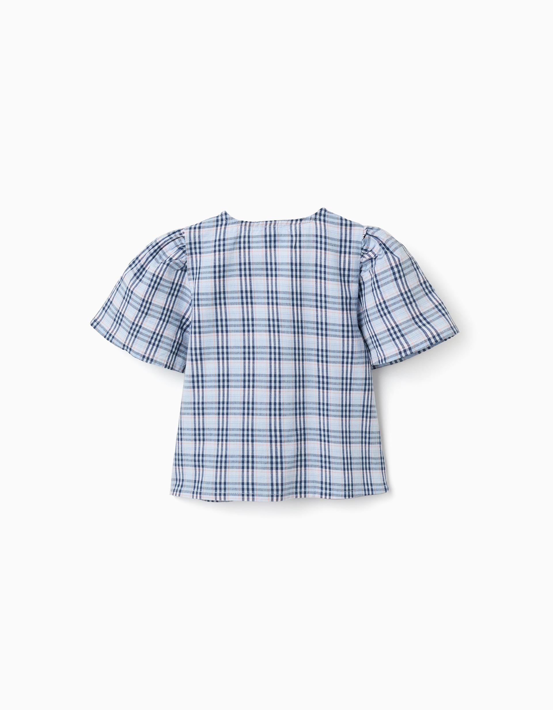 Blouse en coton à carreaux et nœuds décoratifs B&S pour fille, bleu