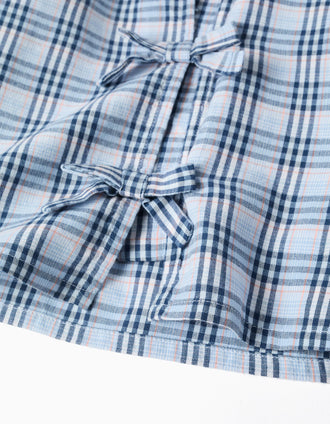Cotton checked blouse with decorative bows B&S for girls, blue
