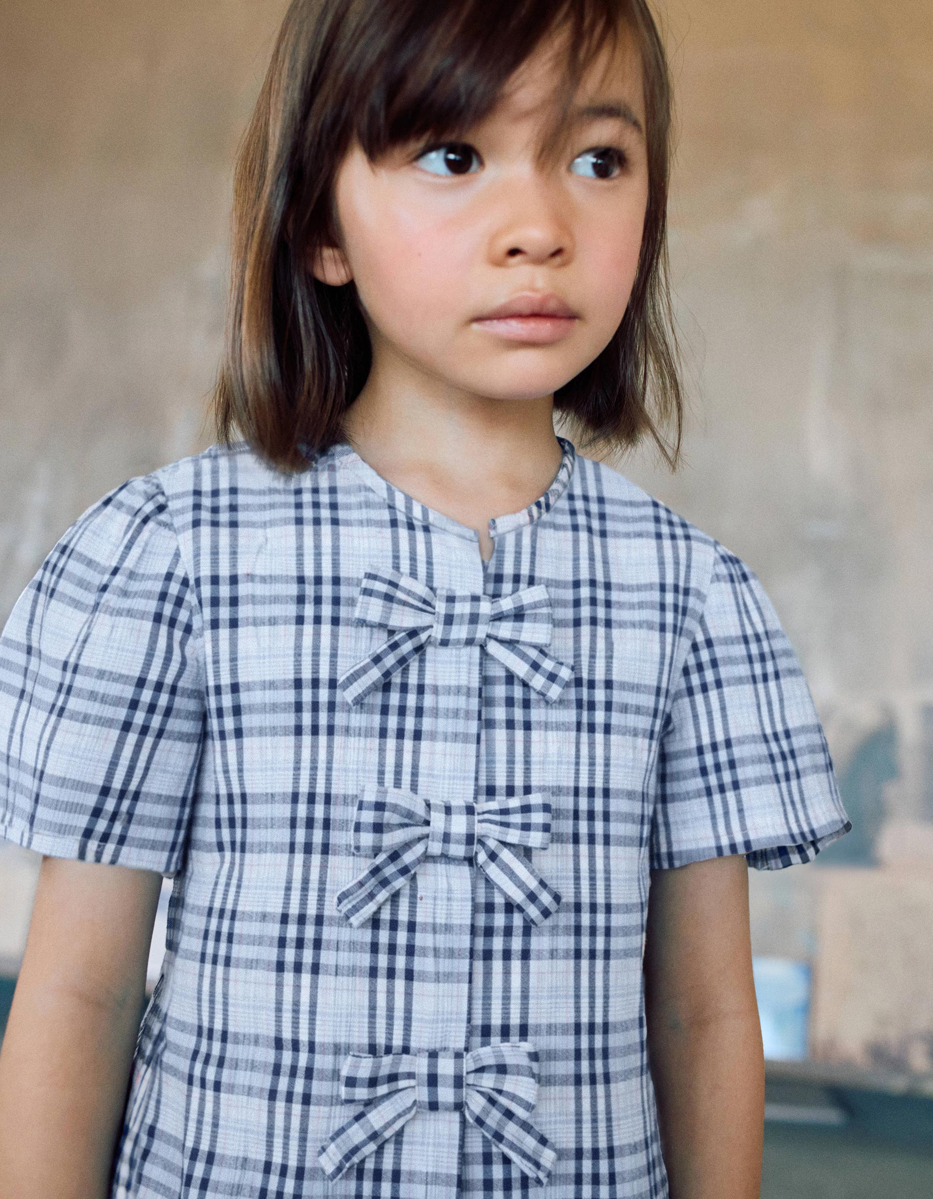 Blouse en coton à carreaux et nœuds décoratifs B&S pour fille, bleu