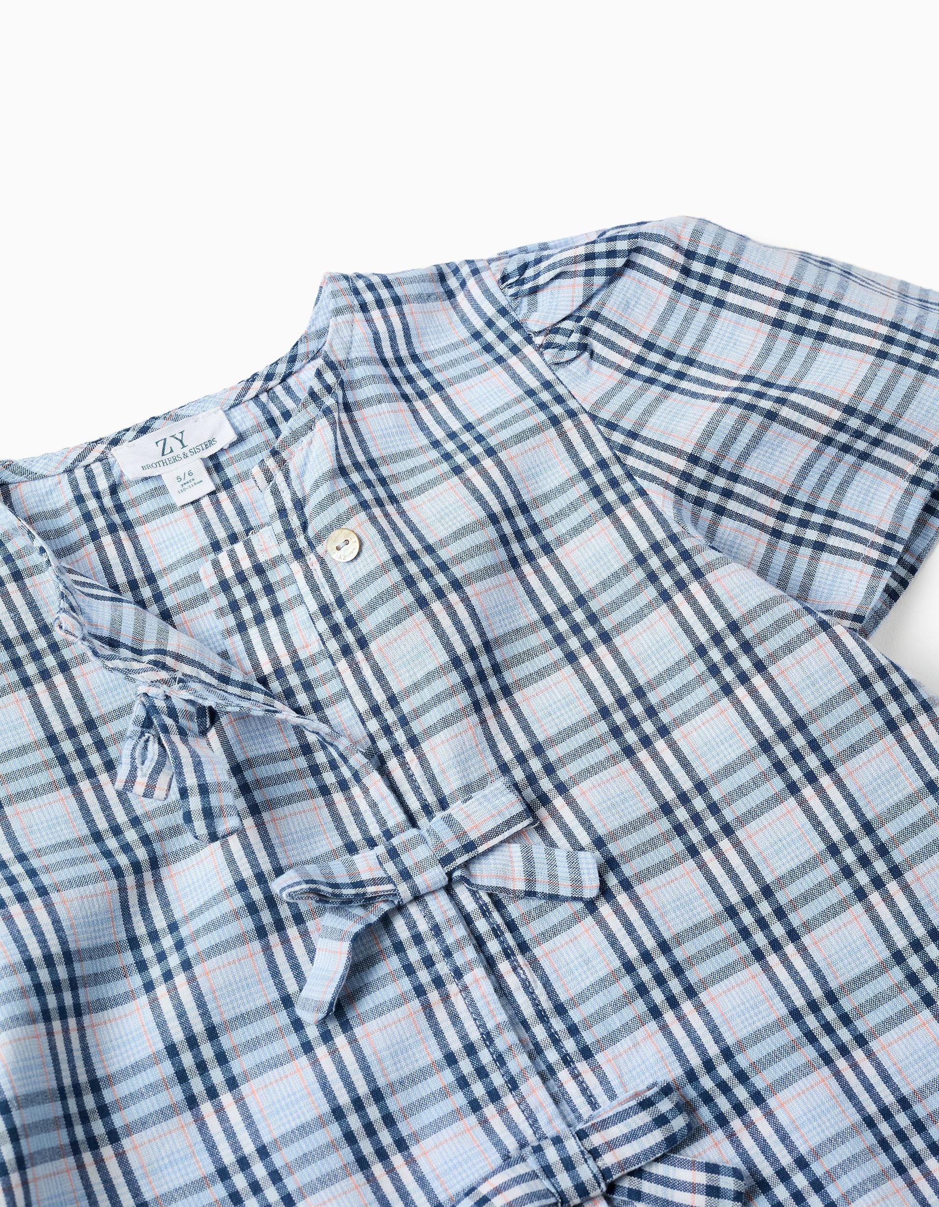 Blouse en coton à carreaux et nœuds décoratifs B&S pour fille, bleu