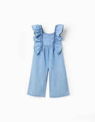 Macacão de ganga wide leg com folhos para bebé menina, azul