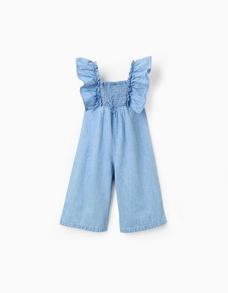 Macacão de ganga wide leg com folhos para bebé menina, azul