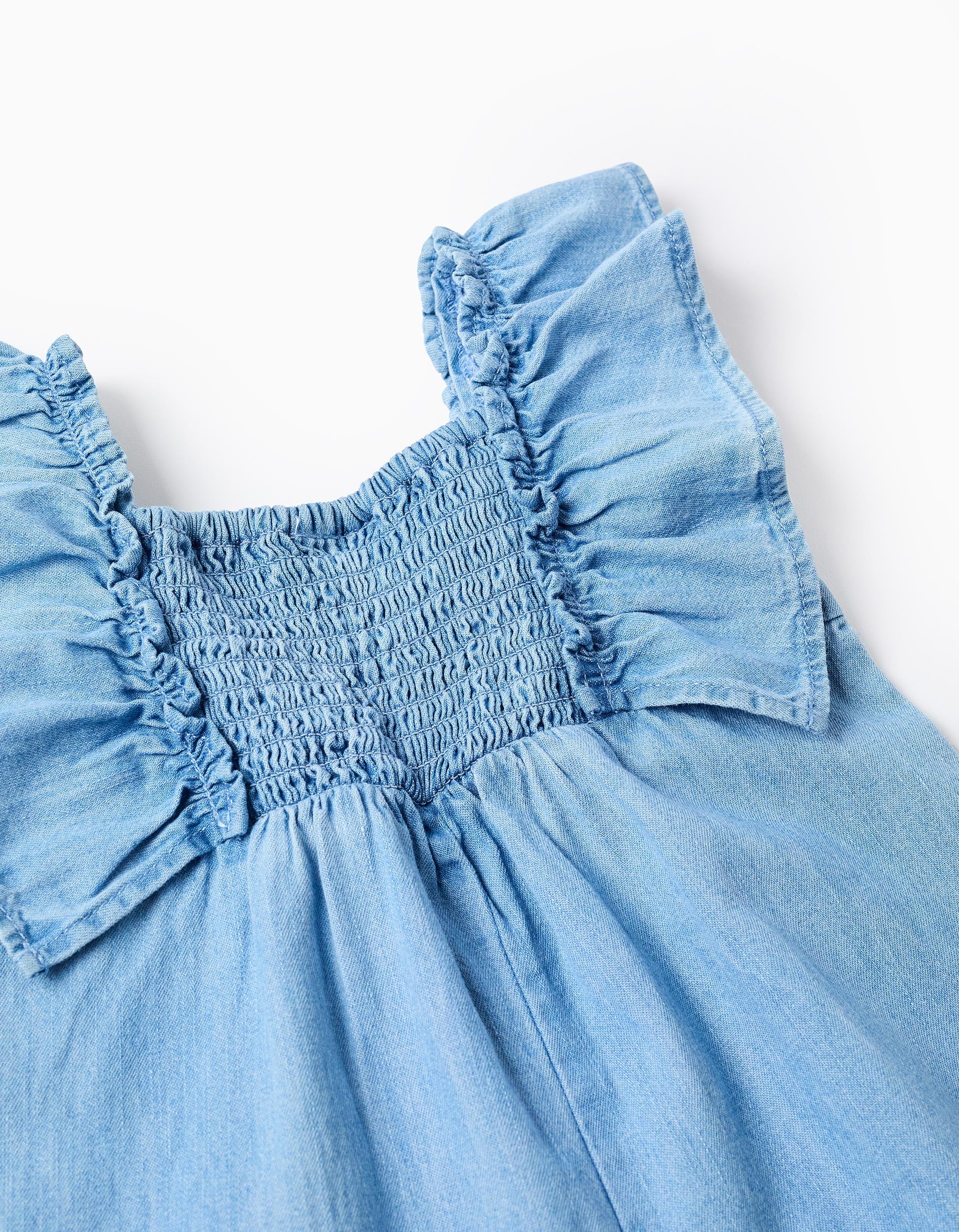 Wide leg denim jumpsuit with ruffles for baby girls, blue
