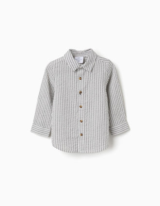 Camisa de manga larga de algodón a rayas B&S para bebé niño, blanco/gris