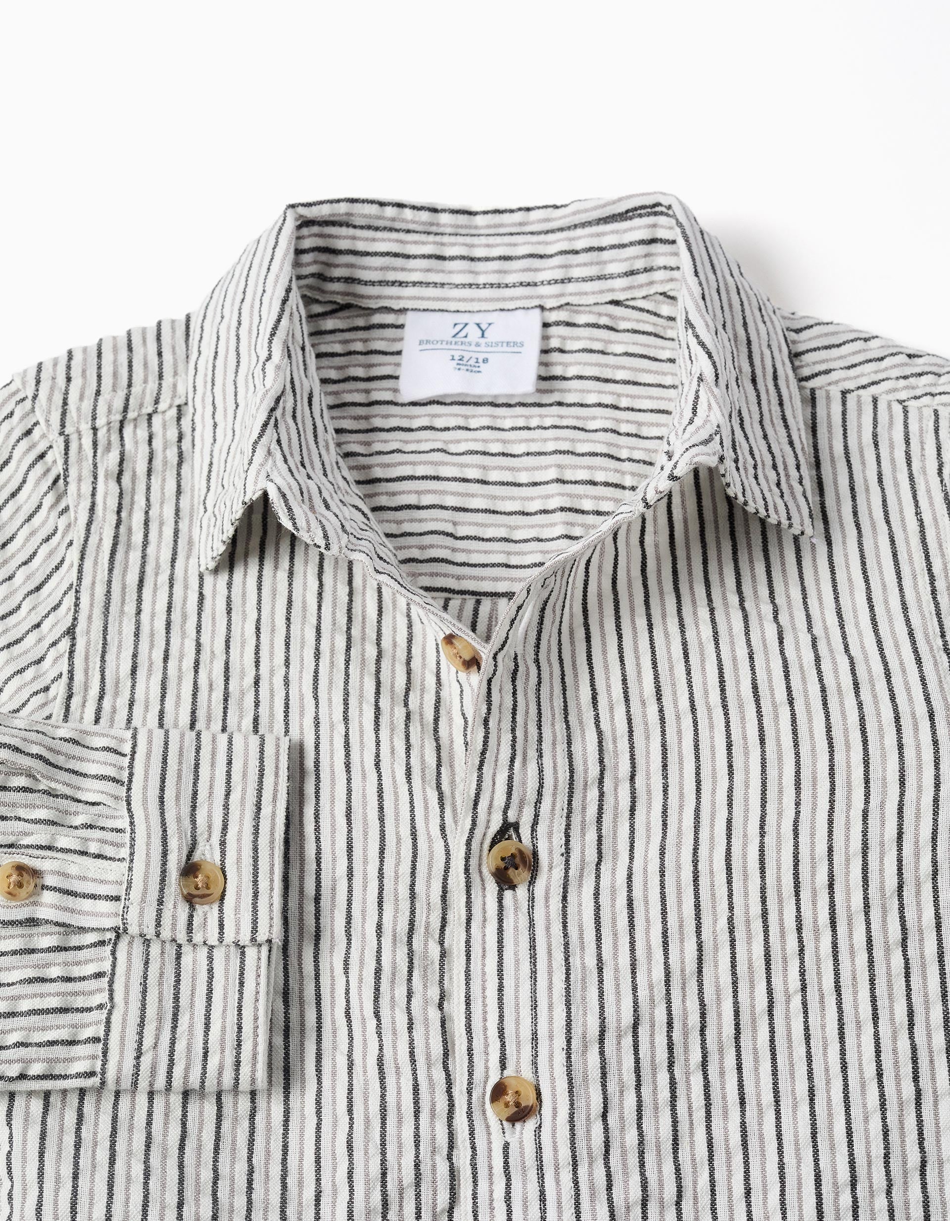 Camisa de algodão às riscas B&S para bebé menino, branco/cinza