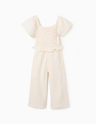 Macacão de algodão wide leg com bordado inglês para menina, bege-claro