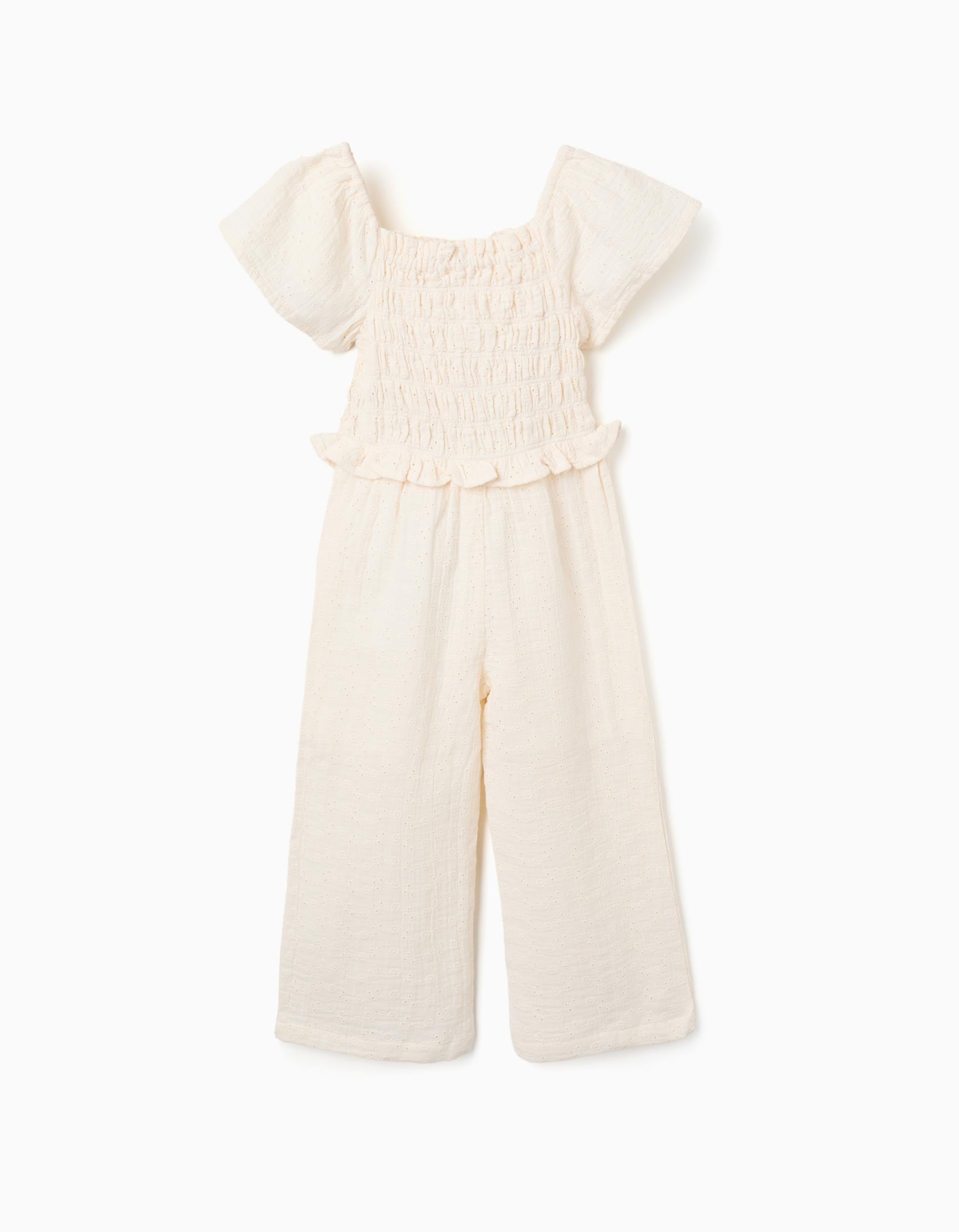 Macacão de algodão wide leg com bordado inglês para menina, bege-claro