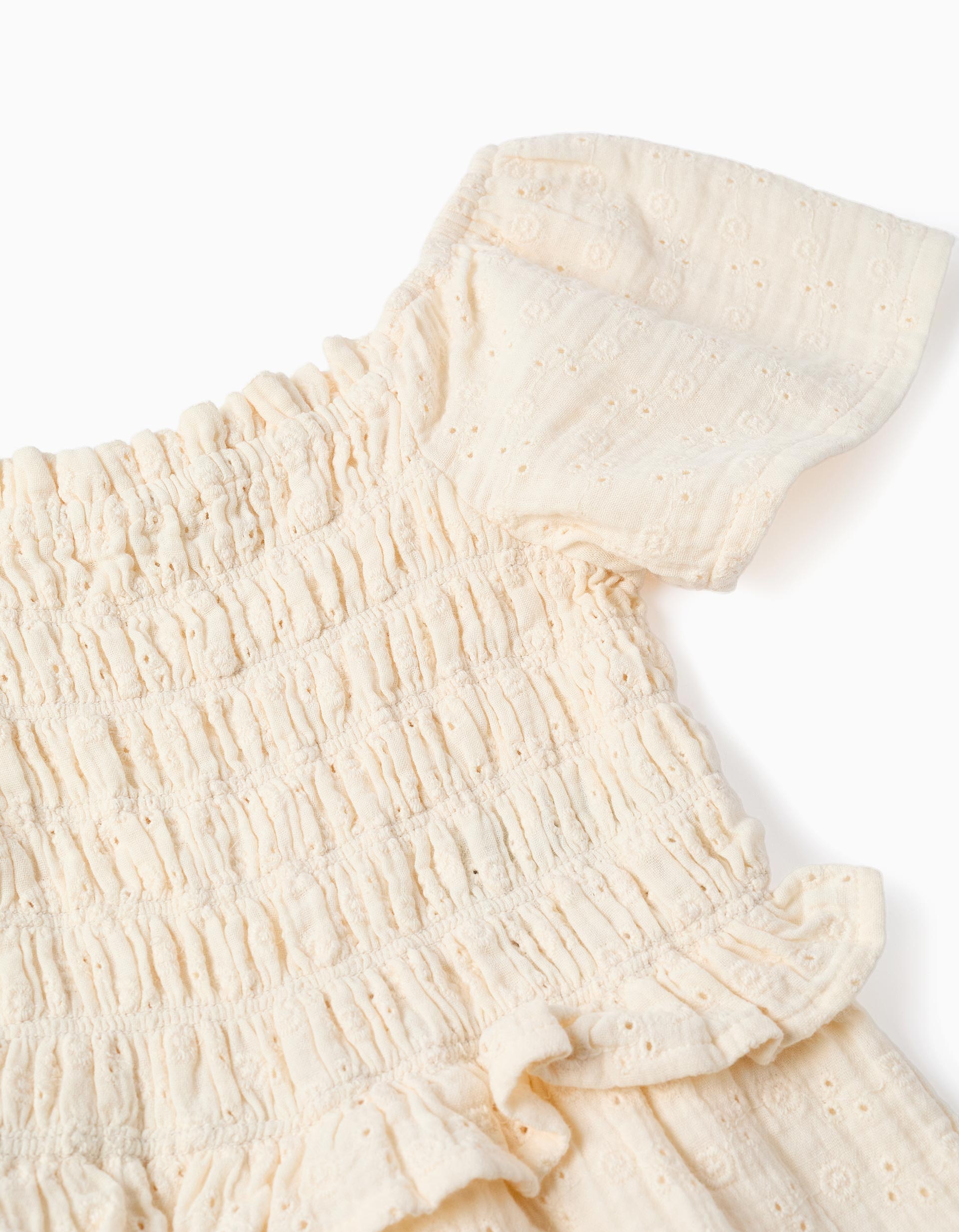 Macacão de algodão wide leg com bordado inglês para menina, bege-claro