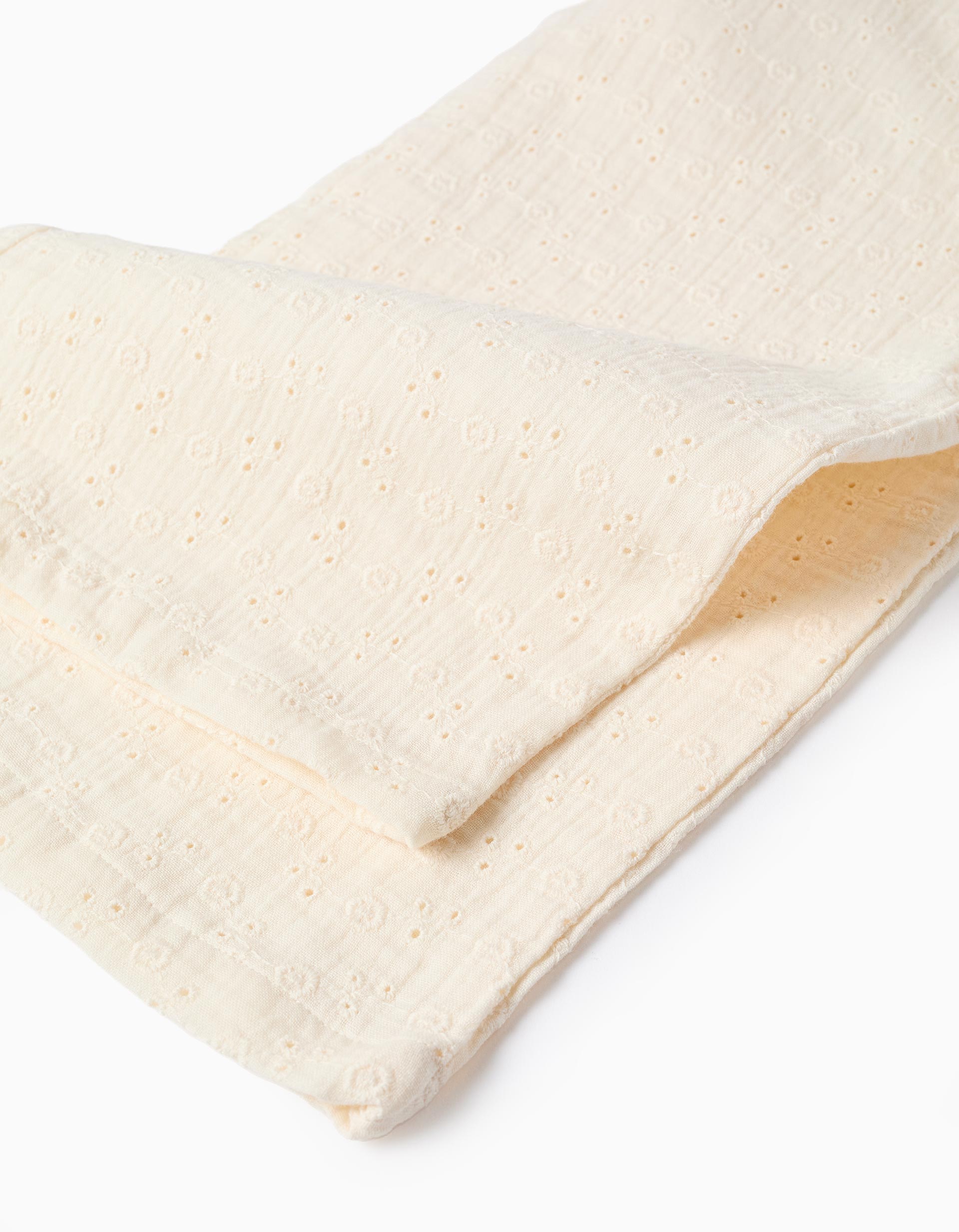 Macacão de algodão wide leg com bordado inglês para menina, bege-claro