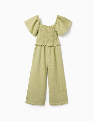 Macacão de algodão wide leg com bordado inglês para menina, verde-claro