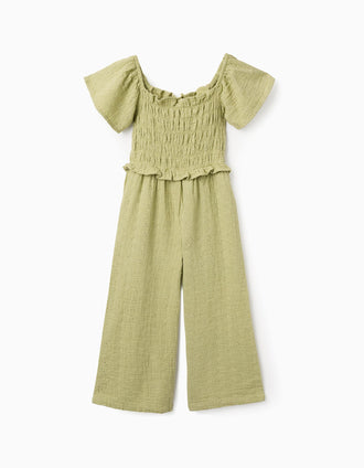 Macacão de algodão wide leg com bordado inglês para menina, verde-claro