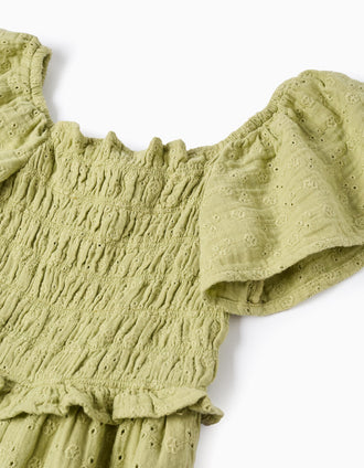 Macacão de algodão wide leg com bordado inglês para menina, verde-claro