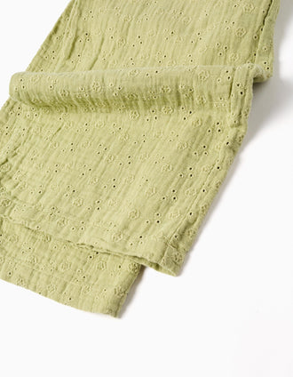 Macacão de algodão wide leg com bordado inglês para menina, verde-claro