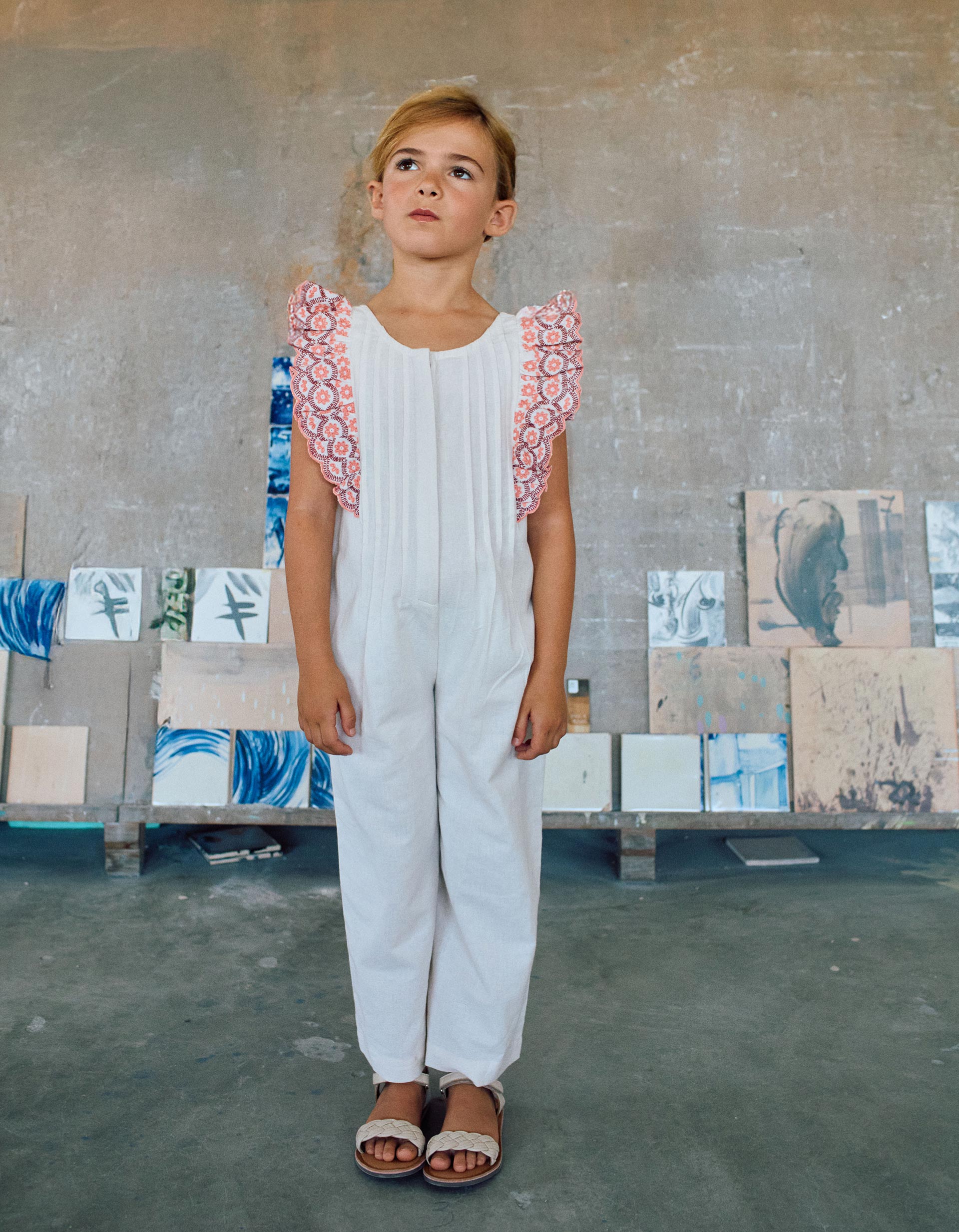 Mono de algodón de pierna ancha con volantes para niña, blanco/rosa