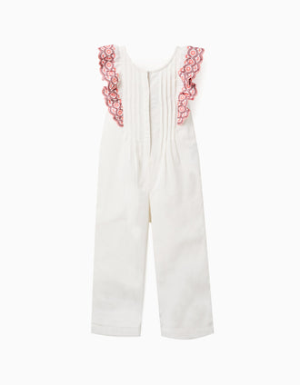 Macacão wide leg de algodão com folhos para menina, branco/rosa