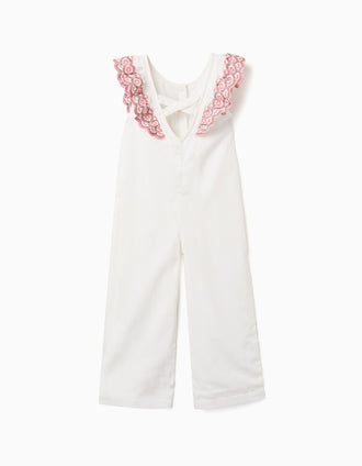 Macacão wide leg de algodão com folhos para menina, branco/rosa