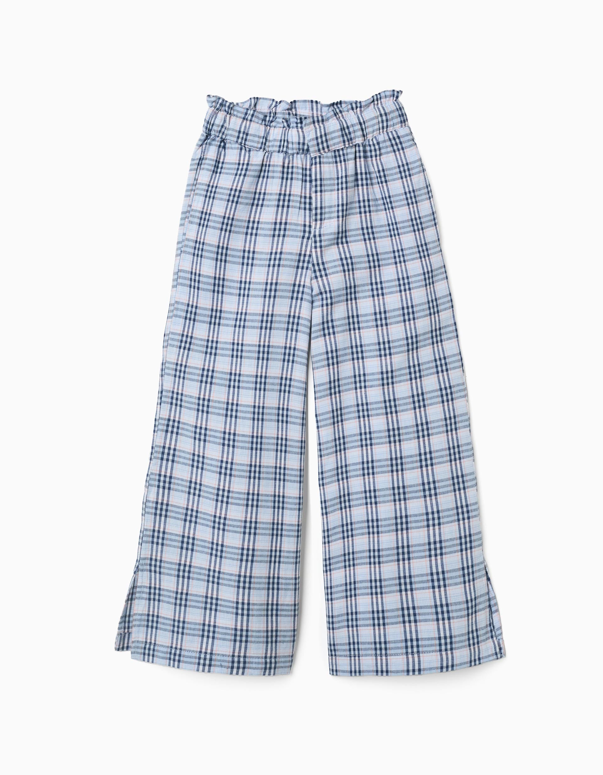 Pantalon large en coton à carreaux B&S pour fille, bleu