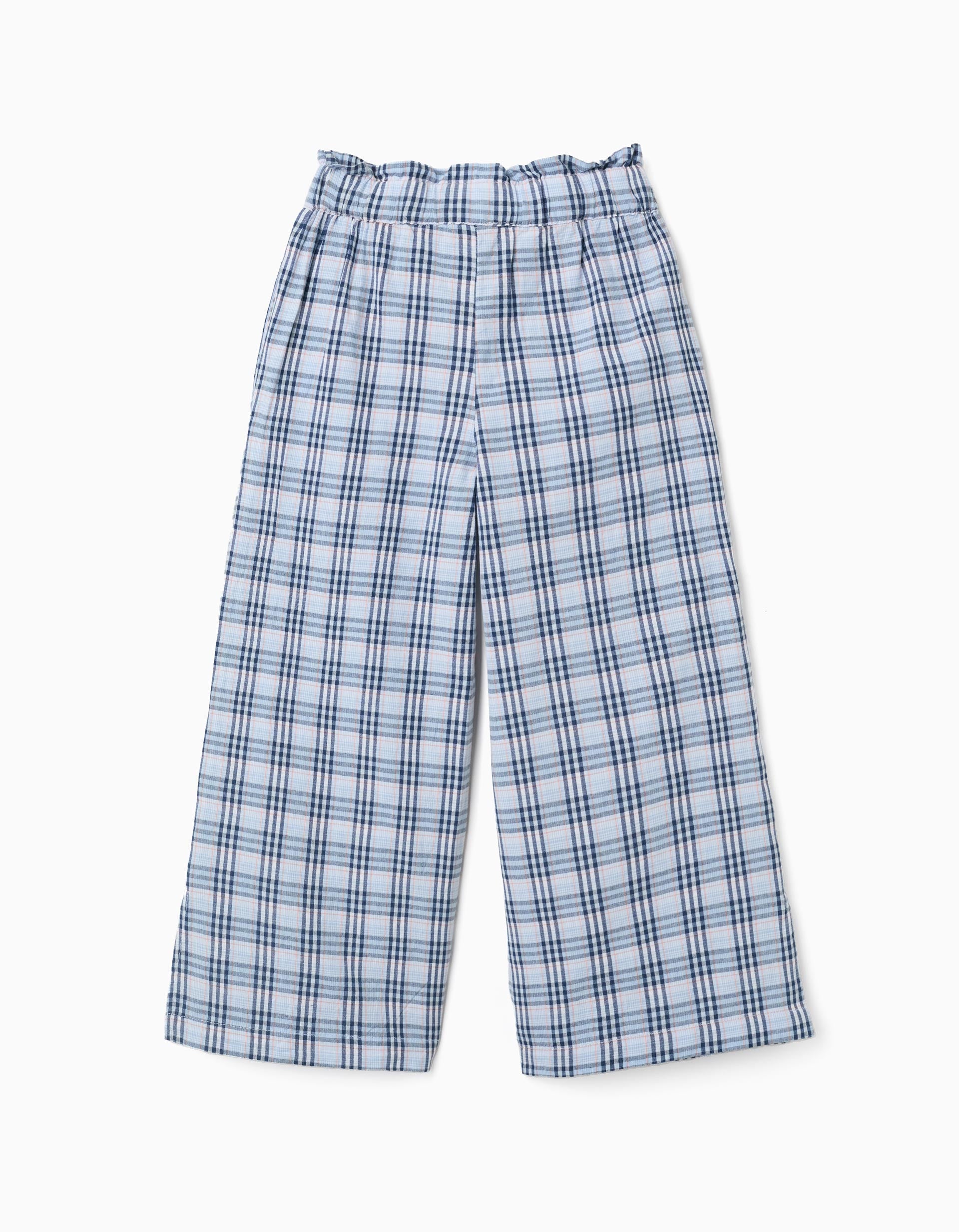 Pantalon large en coton à carreaux B&S pour fille, bleu