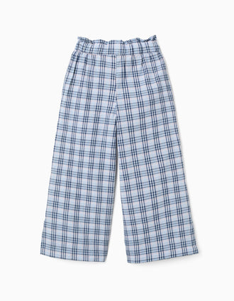 Pantalón ancho de algodón con estampado a cuadros B&S para niña, azul