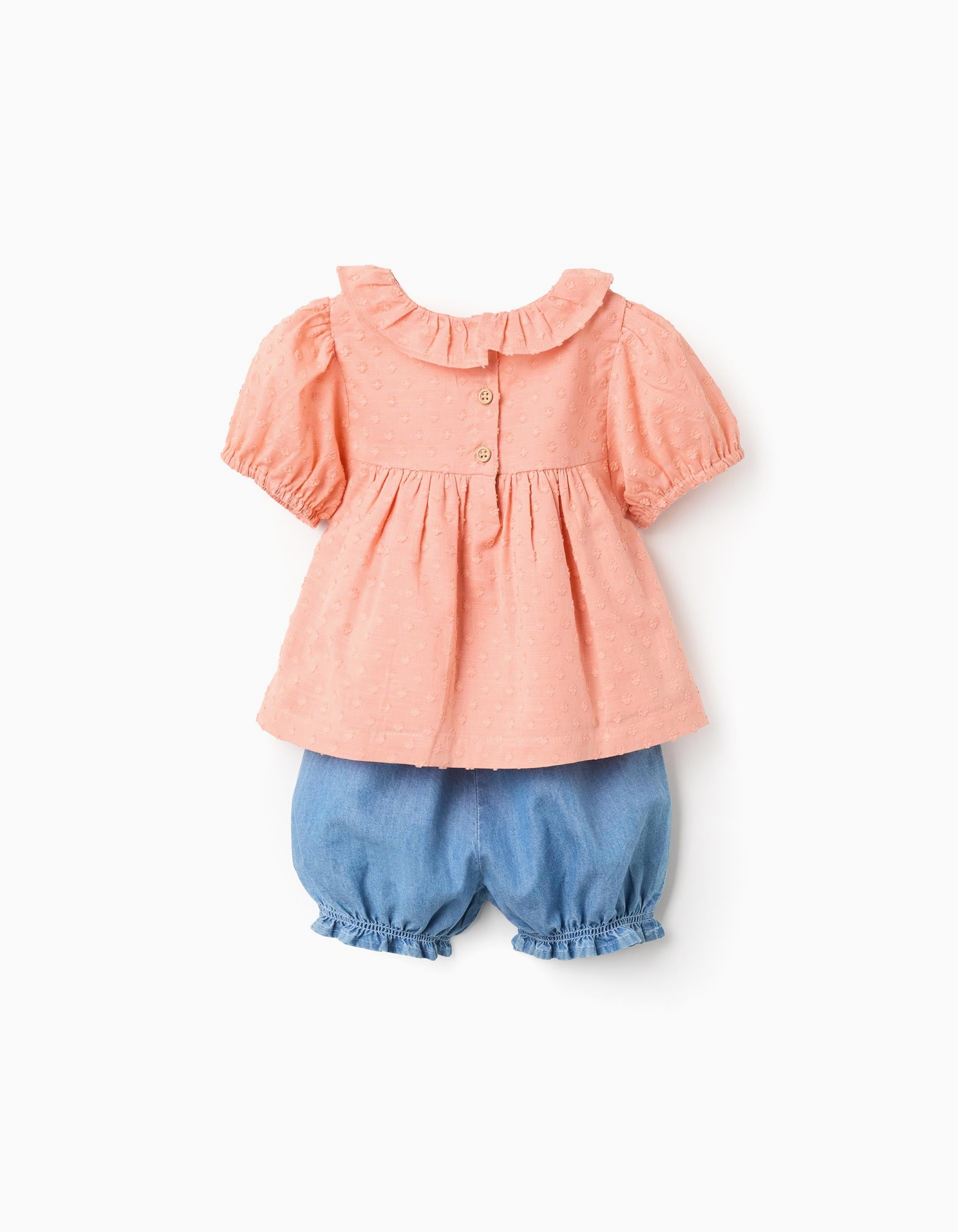 Cotton blouse + denim shorts with ruffles for baby girls, orange/blue
