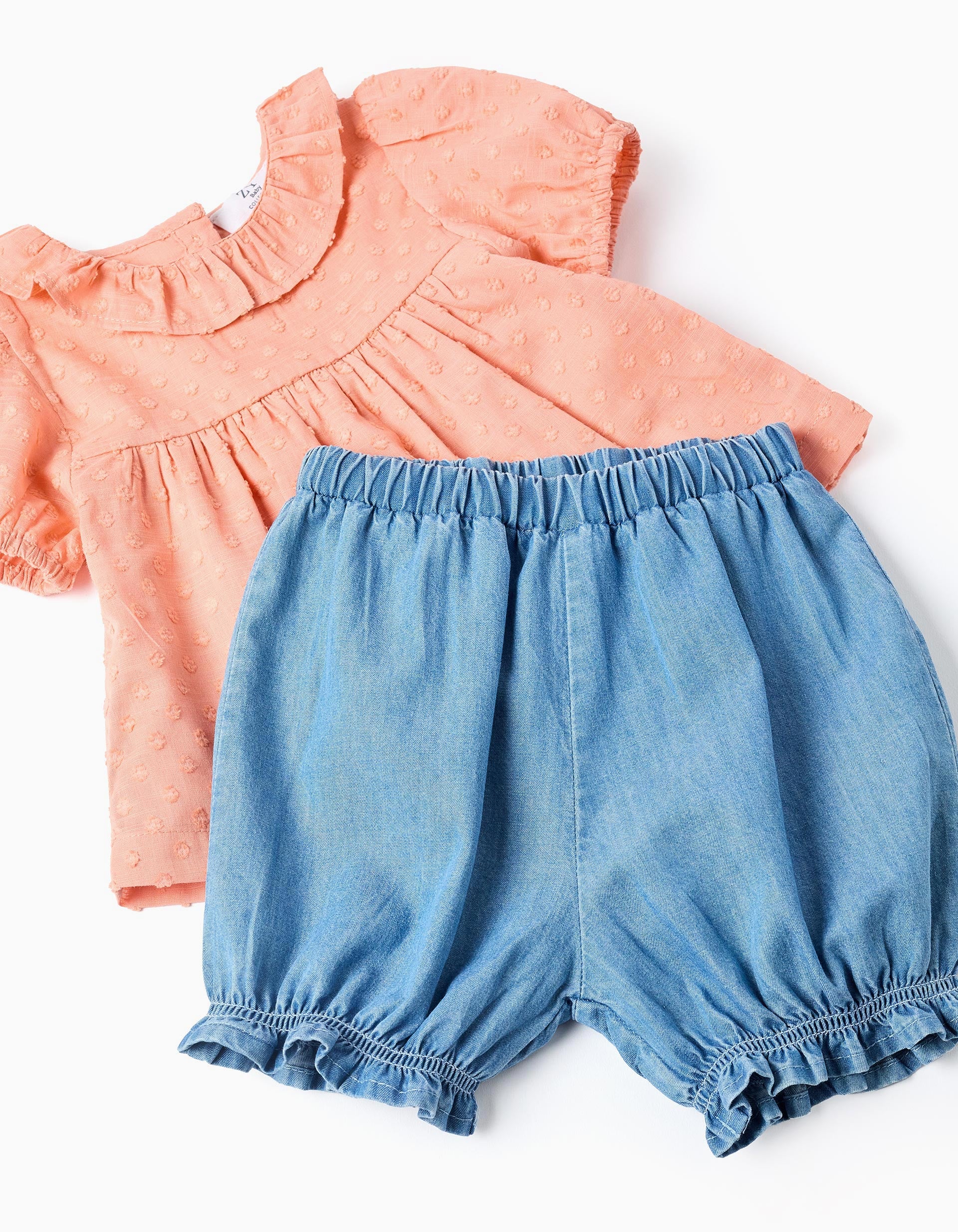 Cotton blouse + denim shorts with ruffles for baby girls, orange/blue