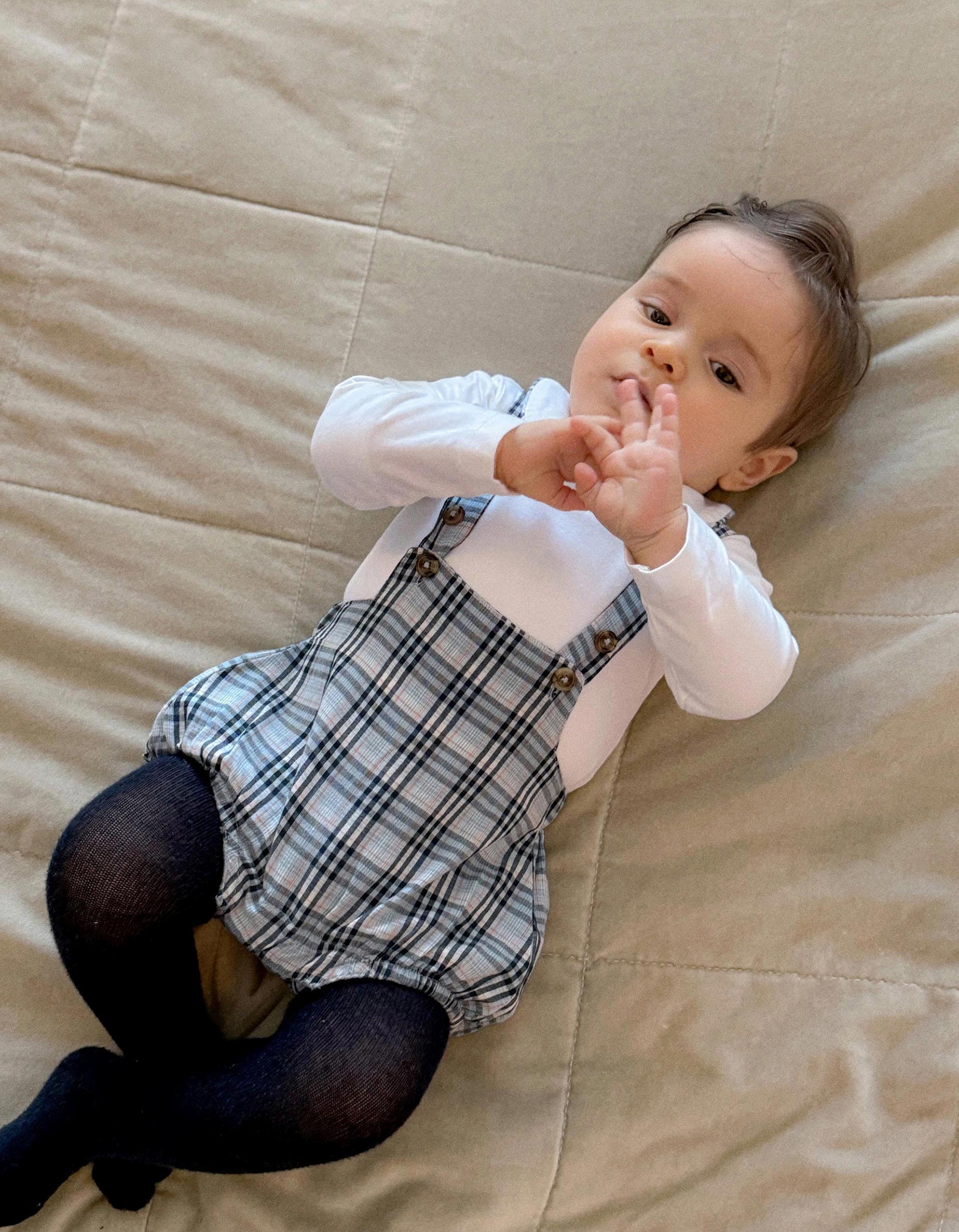 Body en coton + combinaison à carreaux B&S pour nouveau-né, blanc/bleu