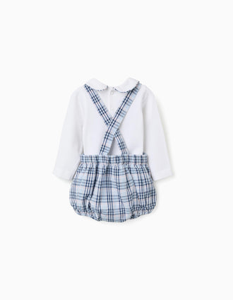 Cotton bodysuit + checked jumpsuit B&S for newborn boys, white/blue
