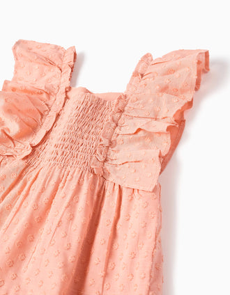 Cotton Swiss dot dress with ruffles for baby girls, salmon orange