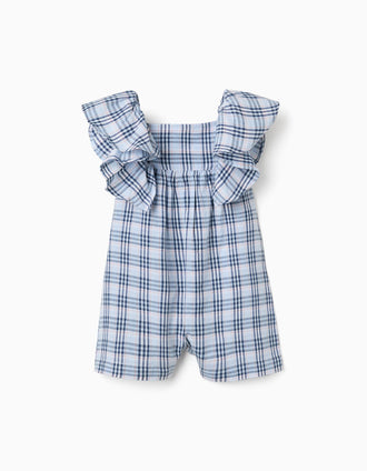 Macacão de algodão com padrão xadrez B&S para bebé menina, azul