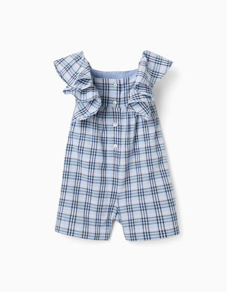 Macacão de algodão com padrão xadrez B&S para bebé menina, azul