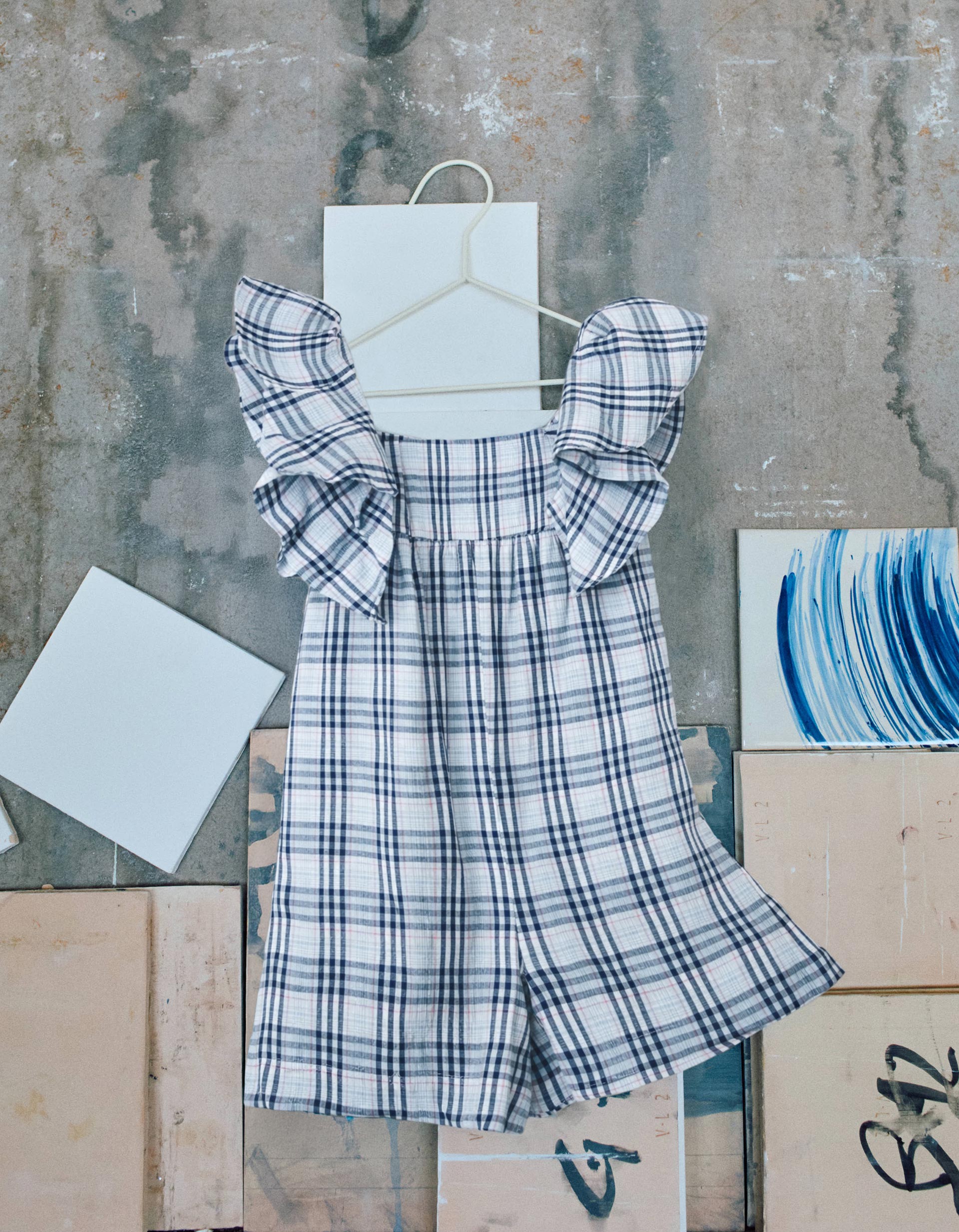 Macacão de algodão com padrão xadrez B&S para bebé menina, azul