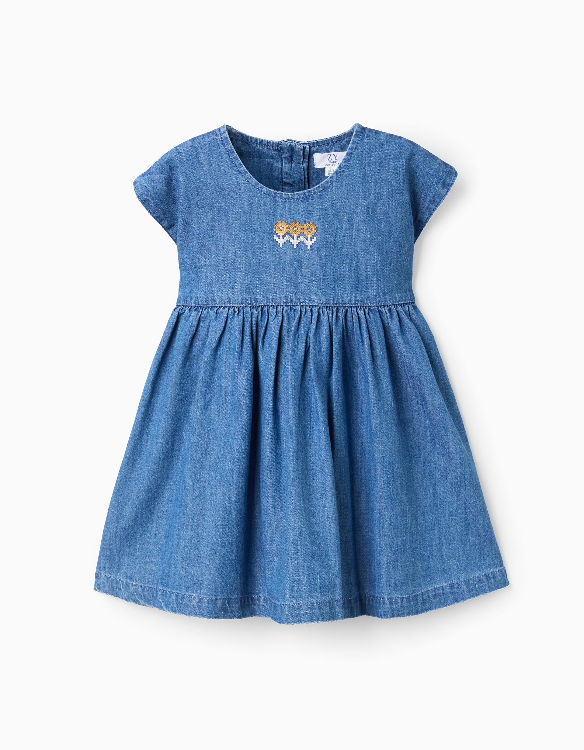 Robe en jean à manches courtes avec fleurs pour bébé fille, bleu