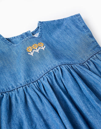 Short sleeve denim dress with embroidered flowers for baby girls, blue