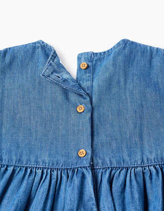 Short sleeve denim dress with embroidered flowers for baby girls, blue