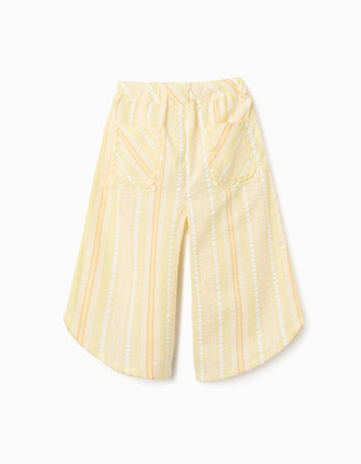 Wide leg cotton trousers with stripes for baby girls, yellow/orange