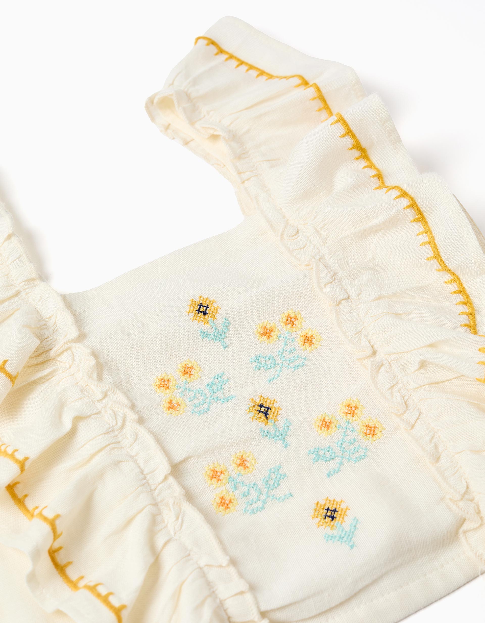 Top de algodão e linho com alças com folhos para menina, bege-claro