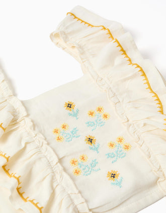 Top de algodão e linho com alças com folhos para menina, bege-claro