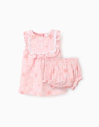 Vestido e tapa-fraldas de algodão com flores para recém-nascida, rosa