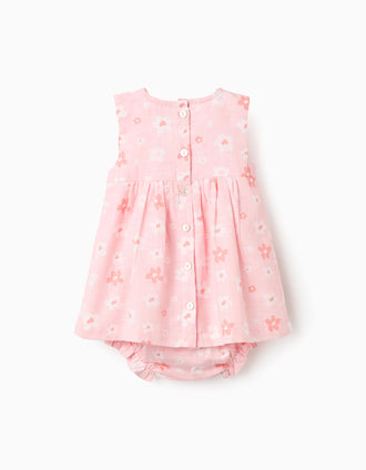 Vestido e tapa-fraldas de algodão com flores para recém-nascida, rosa