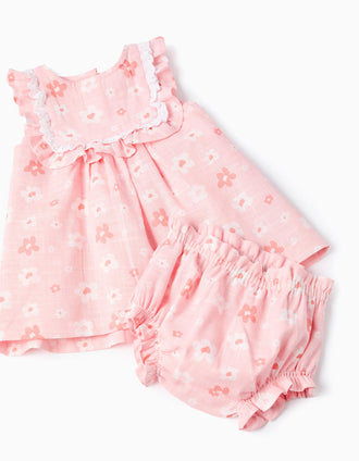 Vestido e tapa-fraldas de algodão com flores para recém-nascida, rosa