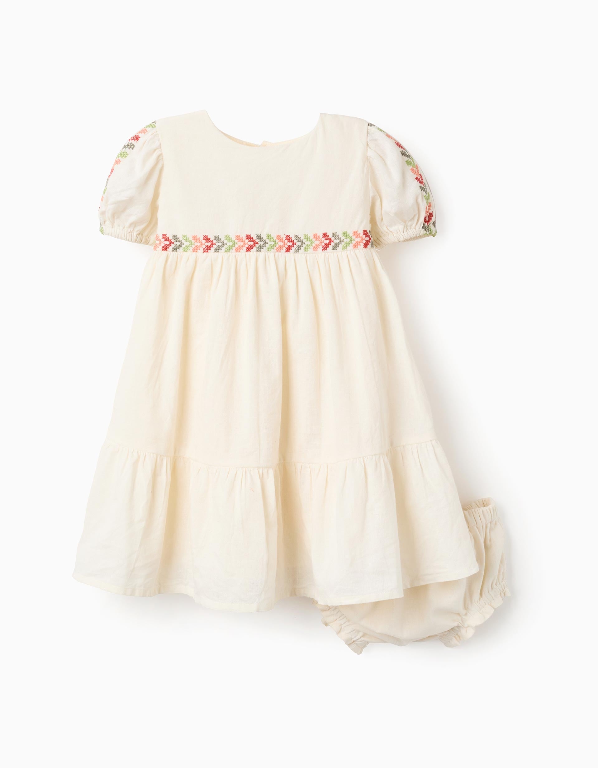 Vestido de linho com bordado + tapa-fraldas para bebé menina, bege-claro