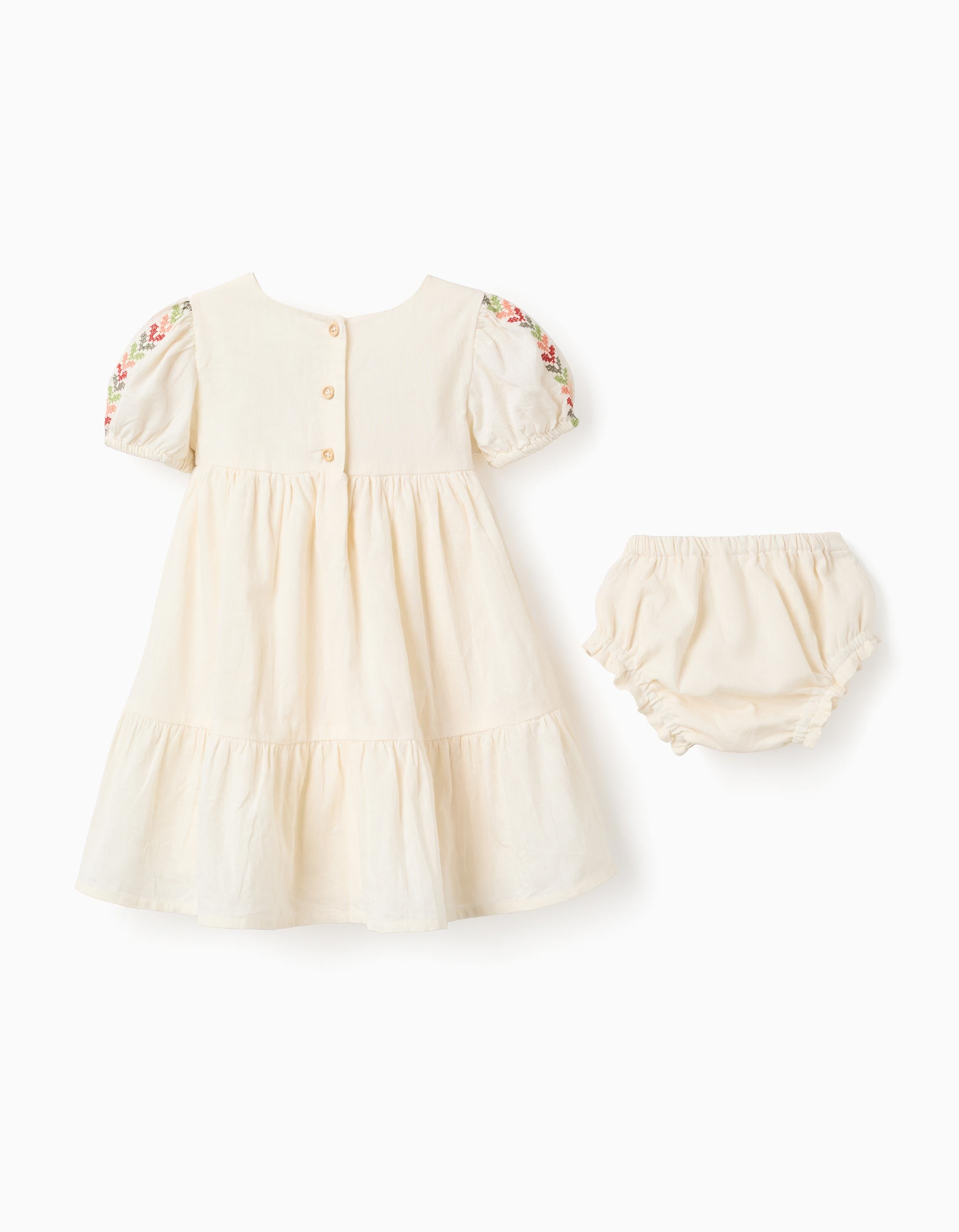 Vestido de linho com bordado + tapa-fraldas para bebé menina, bege-claro