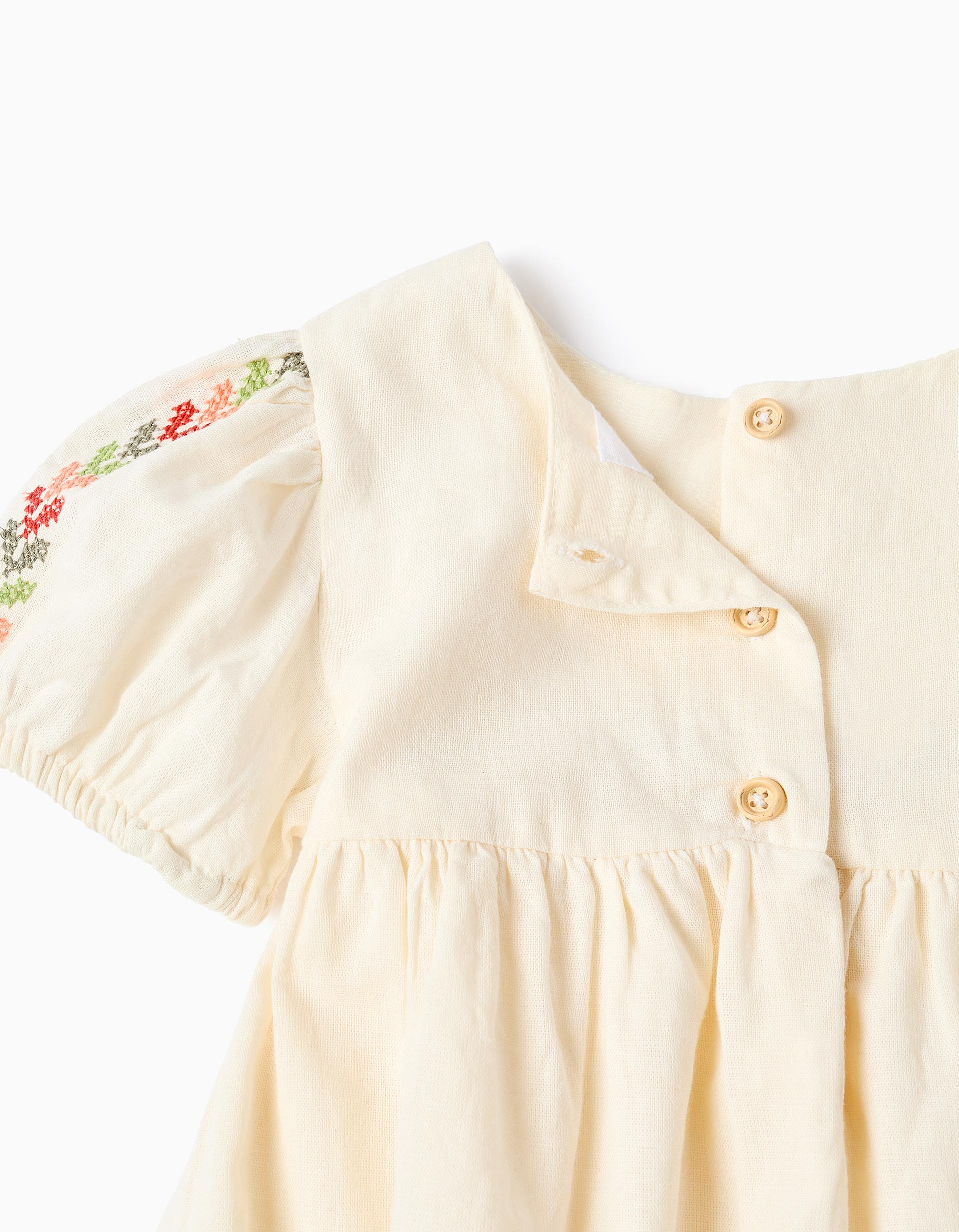 Vestido de linho com bordado + tapa-fraldas para bebé menina, bege-claro