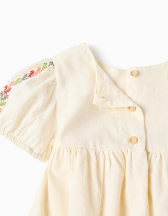 Vestido de linho com bordado + tapa-fraldas para bebé menina, bege-claro